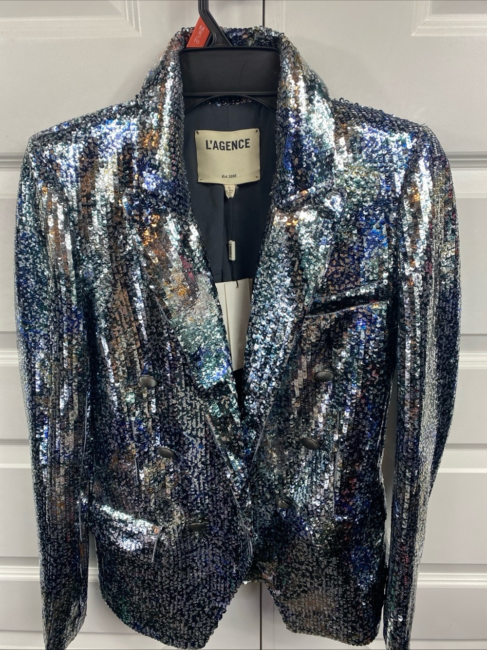 L'Agence Kenzie Sequin Metallic Blazer Jacket Silver Double Breasted 0 New